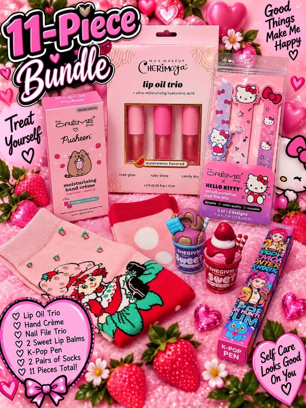 11 Price Bundle Lip Oil Trio, 2 Lip Gloss, Socks, Pen And Hand Cream